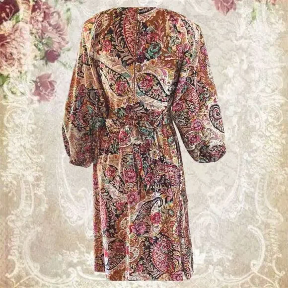 Vintage 1980s Paisley Midi Dress Boho Floral Long Sleeve Back Sash Tie - Picture 4 of 10
